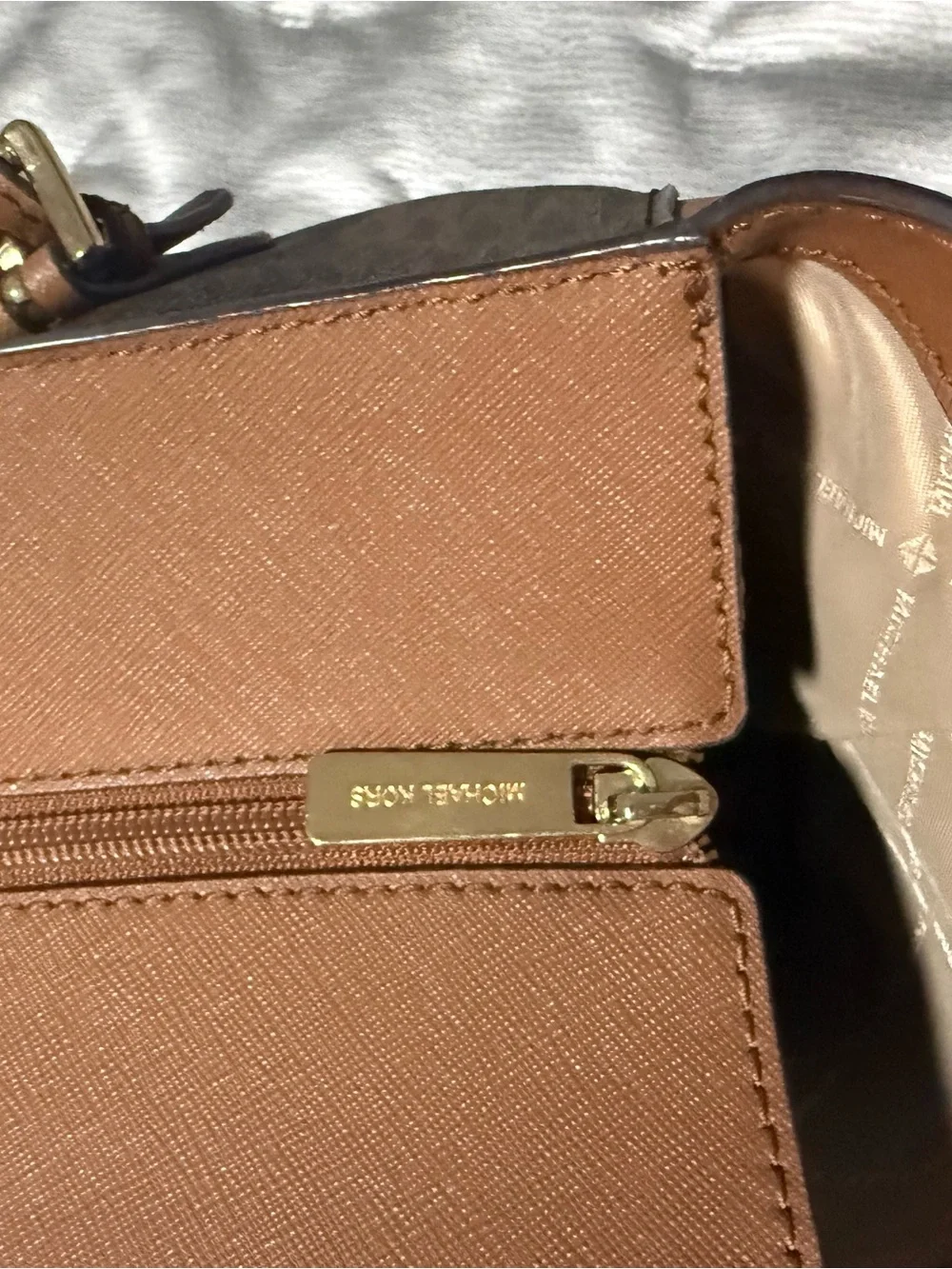 Michael Kors Brown and Tan Signature Logo Tote with Gold Charm
